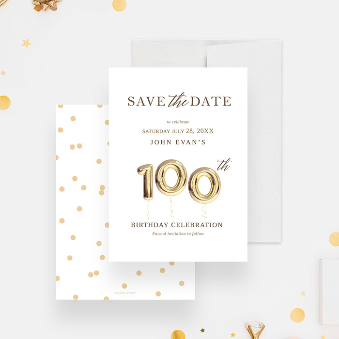 100th Birthday Party Invitations with Golden Balloons, 100th Business Anniversary Invites, Centenary Party Invitations, 100 Years