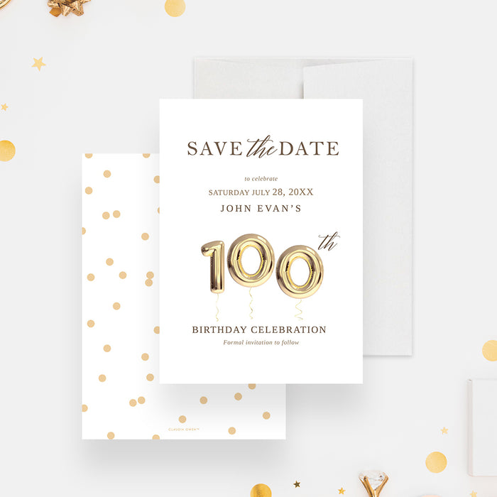 100th Birthday Save the Date Card with Golden Balloons, Elegant Save the Dates for Centenary Celebration, 100th Anniversary Save the Date Cards