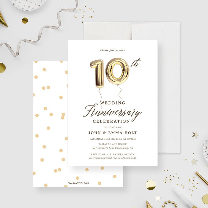 10th Anniversary Invitation Template Gold Balloon Wedding Anniversary Invite
