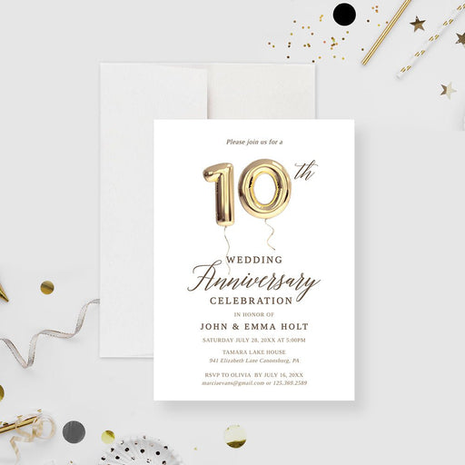 10th wedding anniversary invitation digital template featuring elegant gold balloon numbers and customizable event details on a clean white background.