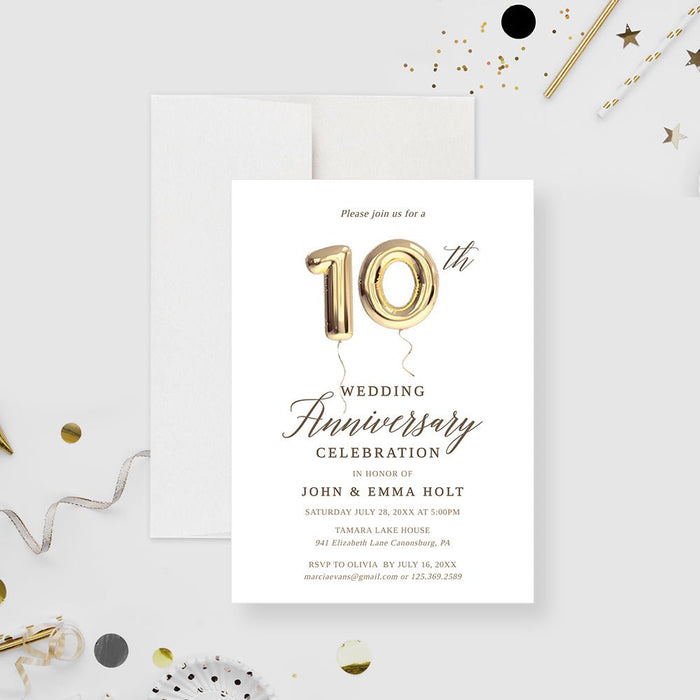 10th wedding anniversary invitation digital template featuring elegant gold balloon numbers and customizable event details on a clean white background.