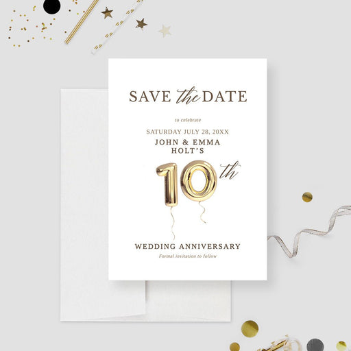 10th wedding anniversary save the date digital template featuring elegant gold balloon numbers and customizable details on a clean white background.