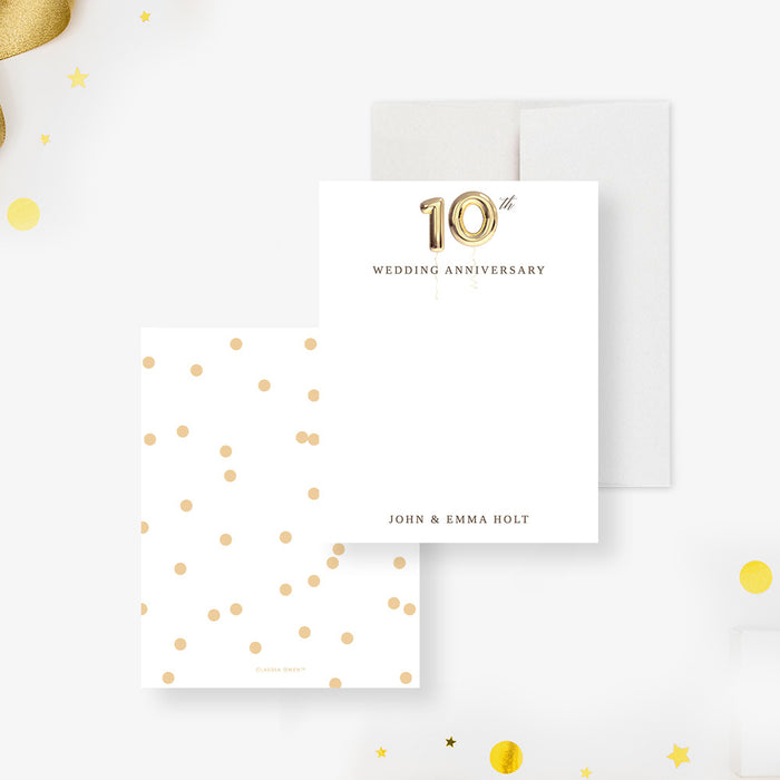 Personalized thank you note card with gold balloon 10th anniversary design and custom names for wedding anniversary celebrations-front-back