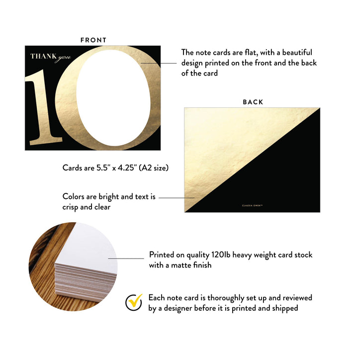 Product details for 10th business anniversary thank you cards: front and back designs, A2 size, matte cardstock, and design proof.