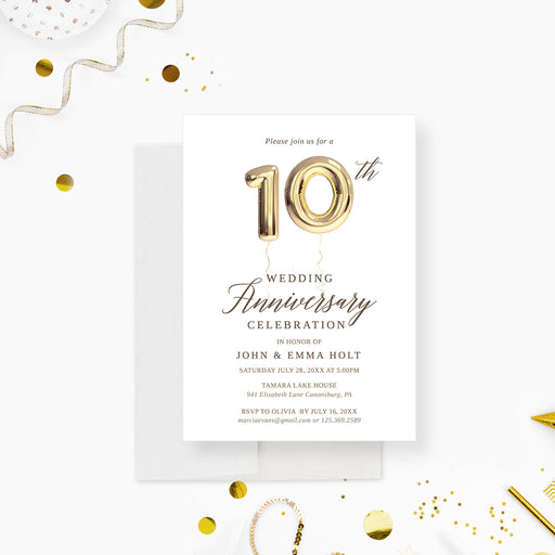 10th wedding anniversary invitation with gold balloon numbers