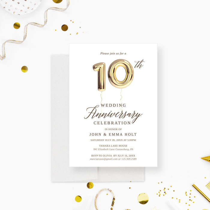 10th wedding anniversary invitation with gold balloon numbers