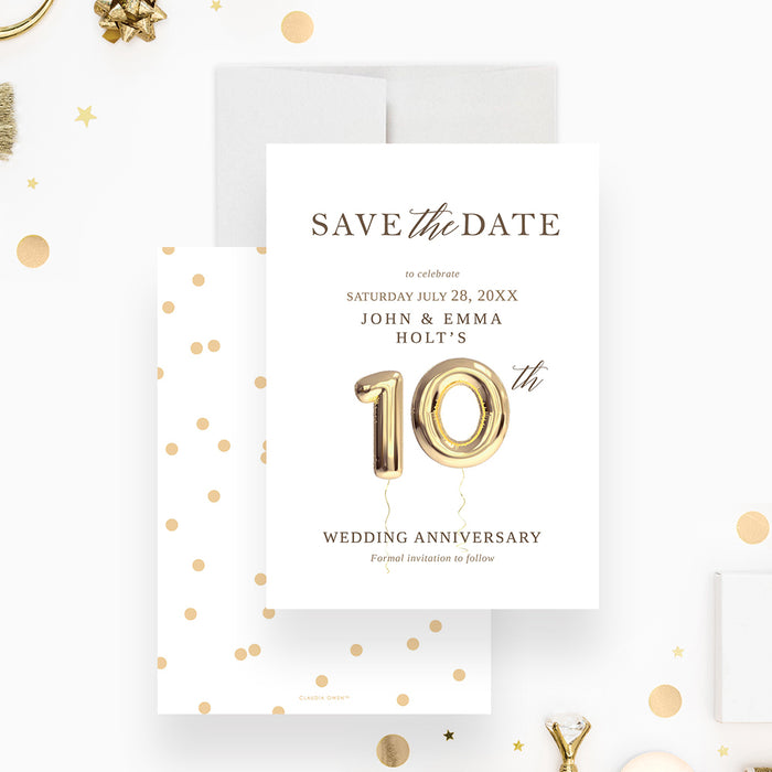10th wedding anniversary save the date card featuring elegant gold balloon numbers and modern lettering on a clean white background-front-back