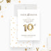 10th wedding anniversary save the date card featuring elegant gold balloon numbers and modern lettering on a clean white background-front-back