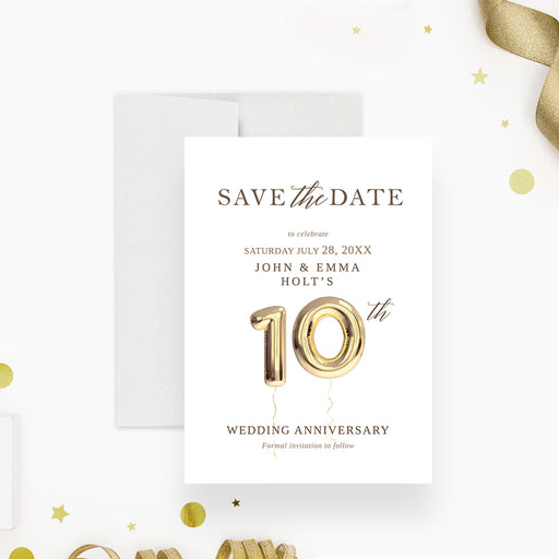 10th wedding anniversary save the date card featuring elegant gold balloon numbers and modern lettering on a clean white background-front