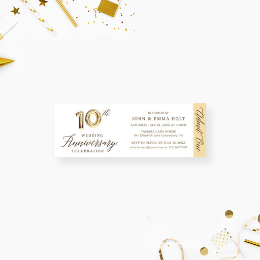 10th wedding anniversary ticket invitation featuring gold balloon numbers and elegant minimalist design.