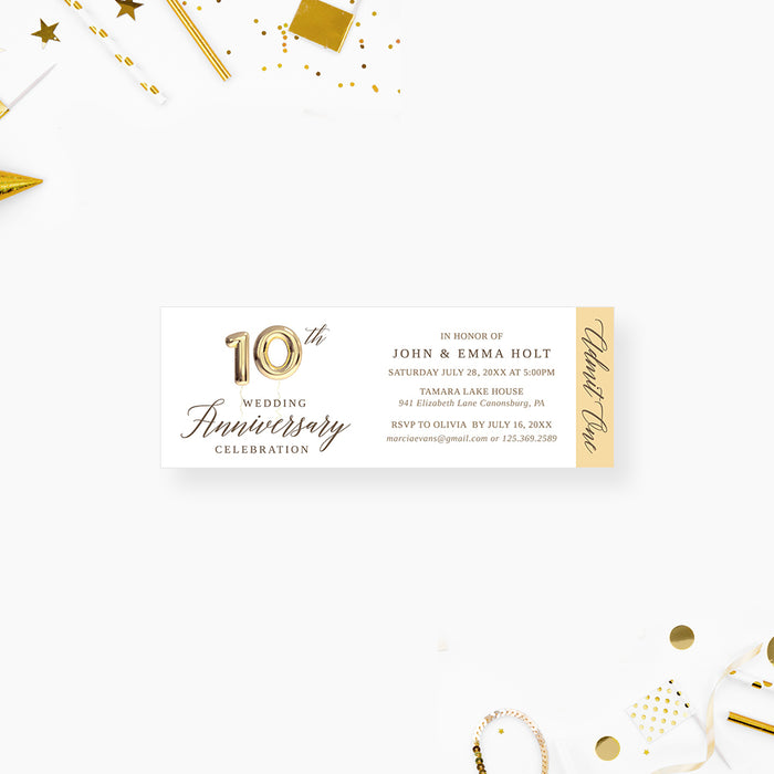 10th wedding anniversary ticket invitation featuring gold balloon numbers and elegant minimalist design.