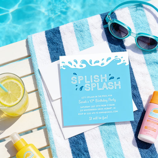 a blue invitation card for a "SPLISH SPLASH" party, placed on a towel next to a pair of sunglasses and a glass of lemonade.