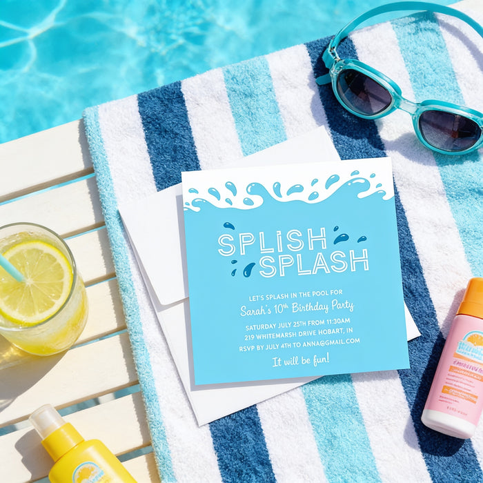 a blue invitation card for a "SPLISH SPLASH" party, placed on a towel next to a pair of sunglasses and a glass of lemonade.