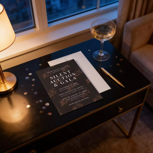 a black table with a white envelope, a glass of wine, and a pen on it. The table is located near a window, and there is a lamp on the table as well.