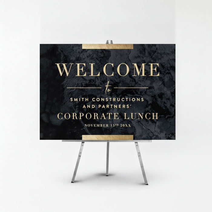 a black and gold sign with the text "Welcome to Smith Constructions and Partners' Corporate Lunch" on it.