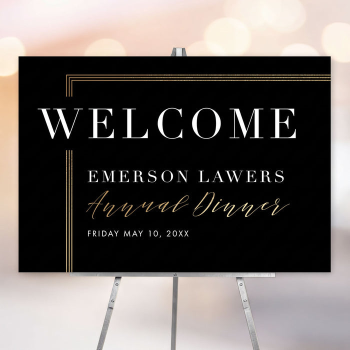 a black and gold welcome sign for an event, specifically the Emerson Lawers Annual Dinner.