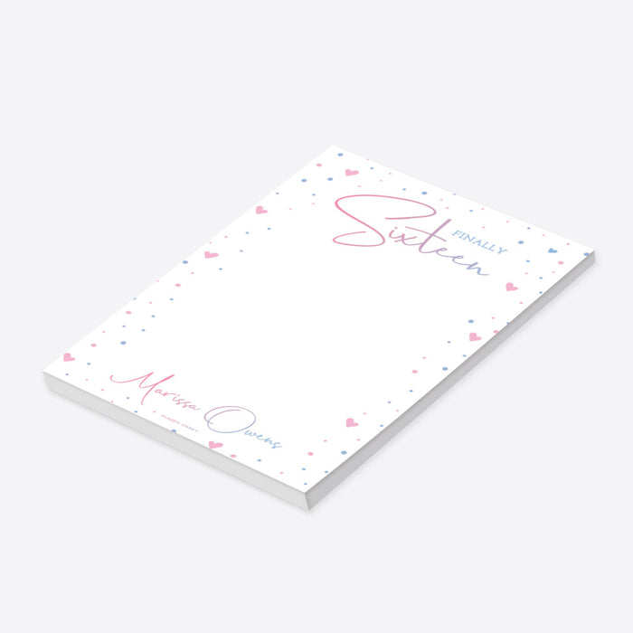 Finally 16 Birthday Notepad with Hearts and Confetti, Charming Sweet Sixteen Bday Party Favor, Personalized Gift for Girls, Lovely Stationery Writing Paper for Teens