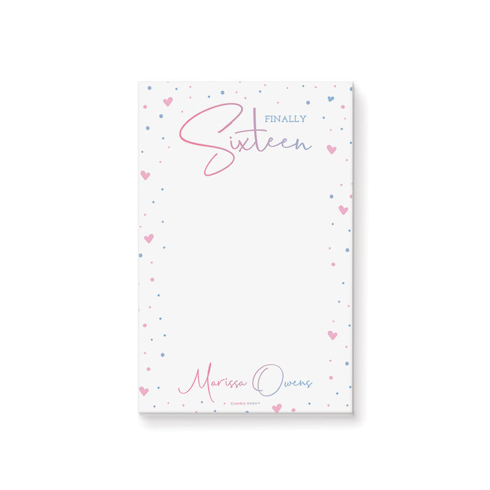 Finally 16 Birthday Notepad with Hearts and Confetti, Charming Sweet Sixteen Bday Party Favor, Personalized Gift for Girls, Lovely Stationery Writing Paper for Teens