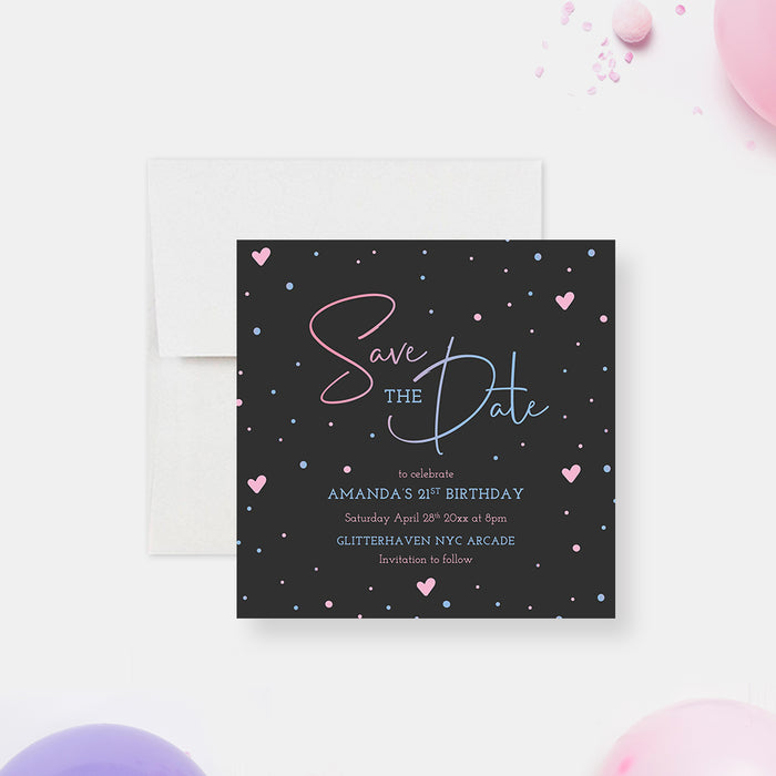 Lovely Birthday Save the Date Card with Hearts and Confetti, 16th Birthday Save the Dates, Womens Bday Save the Date