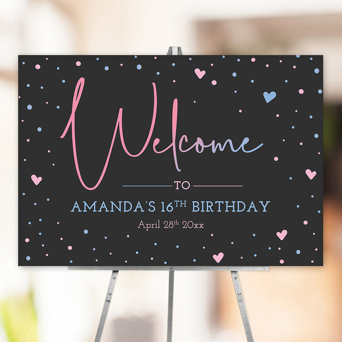 Sweet 16 birthday welcome sign with a black background, pastel pink and blue accents, hearts and dots, customized for teen party decor and milestone celebrations.