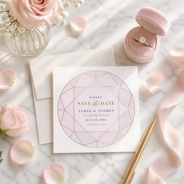 a wedding invitation card with a diamond-shaped design, surrounded by wedding-related items such as a ring box, a vase with flowers, and a pen.