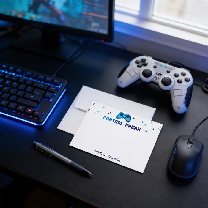 a gaming setup with a computer monitor, keyboard, and mouse, along with a white envelope and a black pen on a desk.