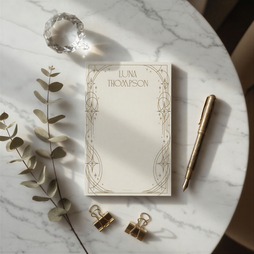 a marble table with a blank notebook, a pen, a crystal, and some decorative elements such as a branch and a pair of gold binder clips.