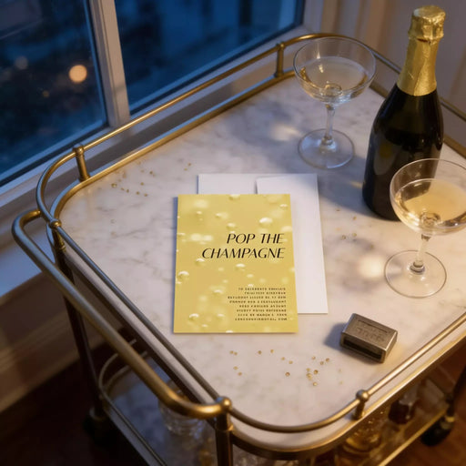 a champagne-themed party invitation on a marble table, accompanied by a bottle of champagne, two wine glasses, and a small black object.