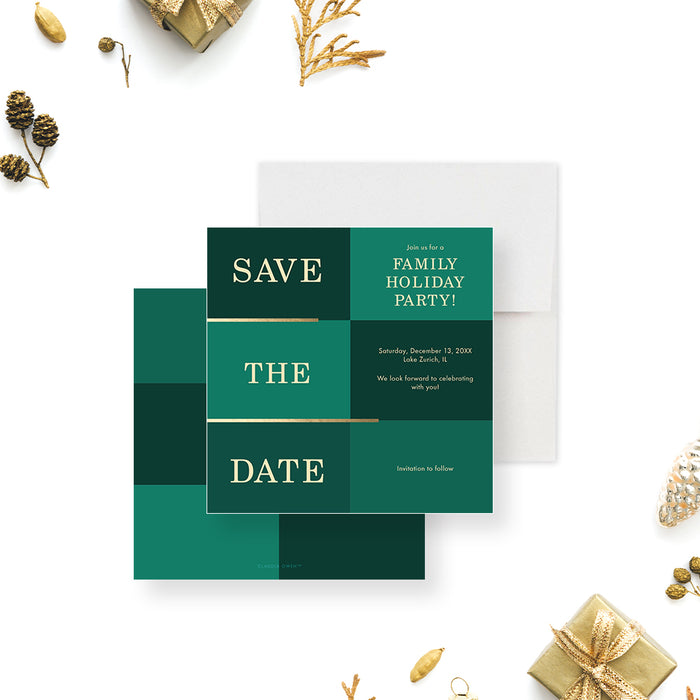 Holiday save the date card in green and gold elegant Christmas party invitation design-front-back