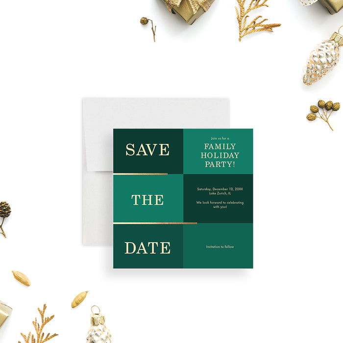 Holiday save the date card in green and gold elegant Christmas party invitation design-front