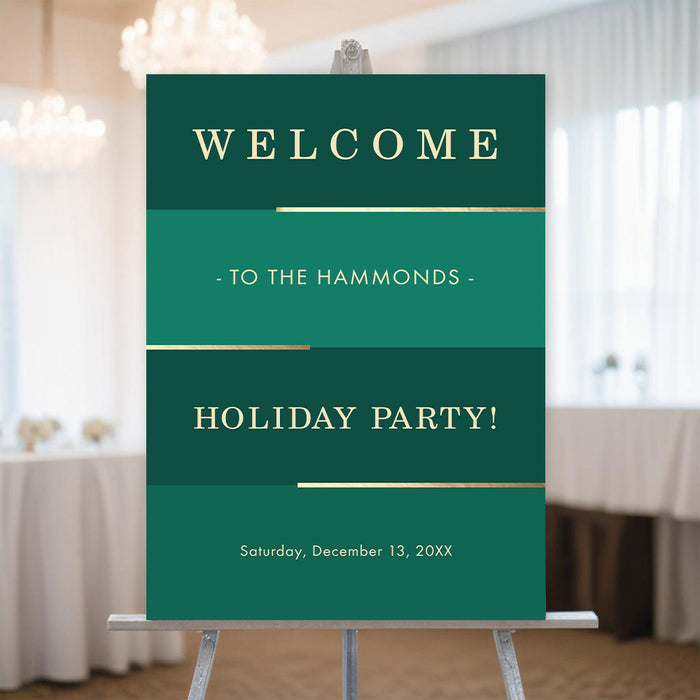 Green and gold holiday party welcome sign, elegant Christmas event decoration for festive gatherings.