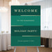 Green and gold holiday party welcome sign, elegant Christmas event decoration for festive gatherings.