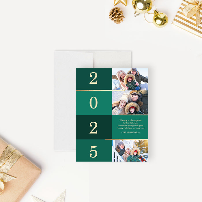 2025 green and gold holiday greeting card featuring a photo collage, customizable with family pictures and a personal holiday message.-front