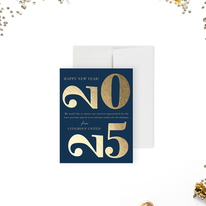 Elegant 2025 New Years Holiday Cards in Navy Blue and Gold, Happy New Year Greeting Card