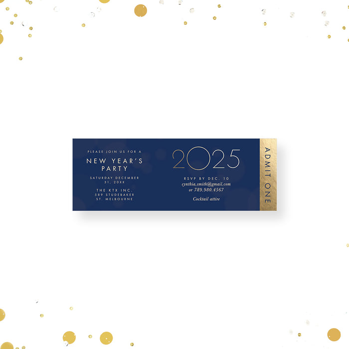 2025 New Year's Eve Party Ticket Invites in Blue and Gold, Elegant Company New Year Party Ticket Invitations