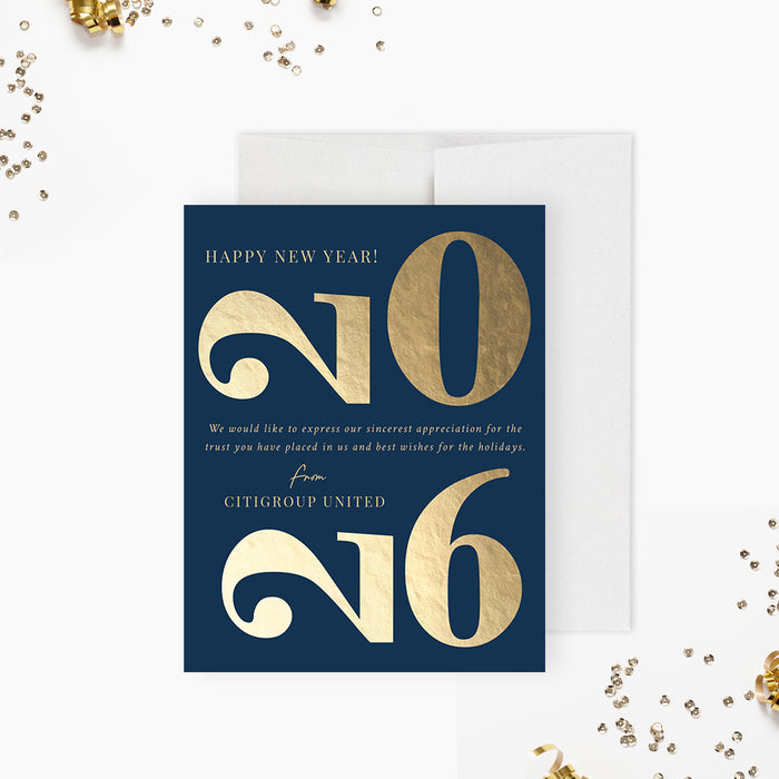 Elegant navy blue and gold 2026 New Year holiday greeting card design