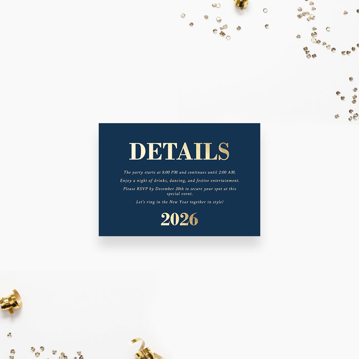 elegant 2026 blue and gold new year party details card
