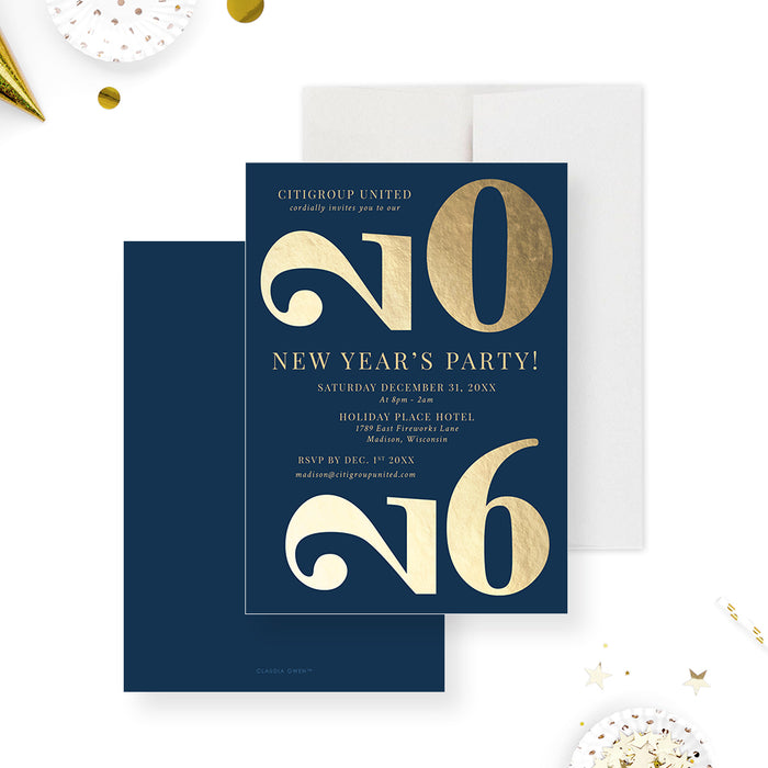 elegant 2026 blue and gold new year party invitation card