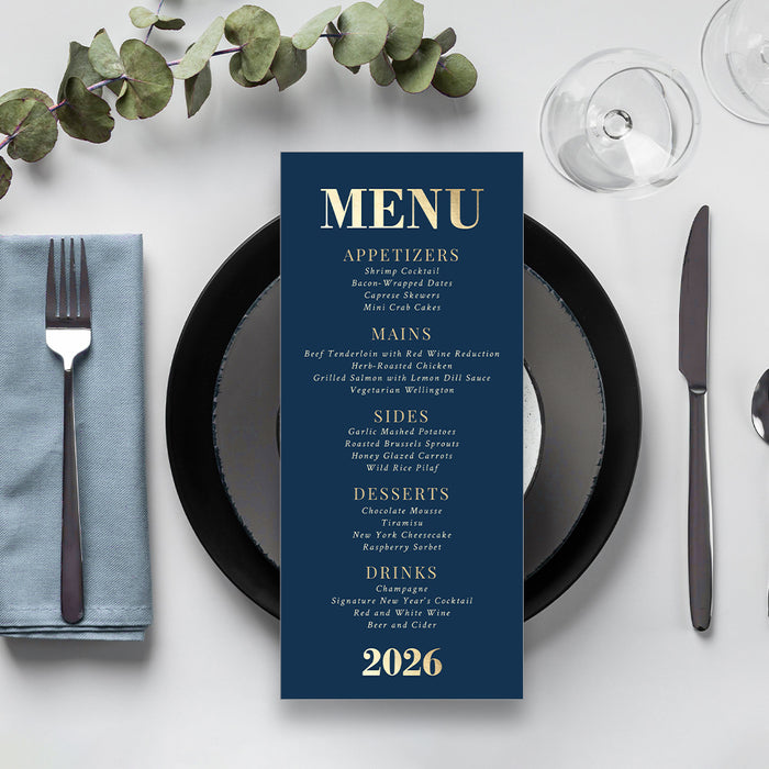 elegant 2026 blue and gold new year party menu card