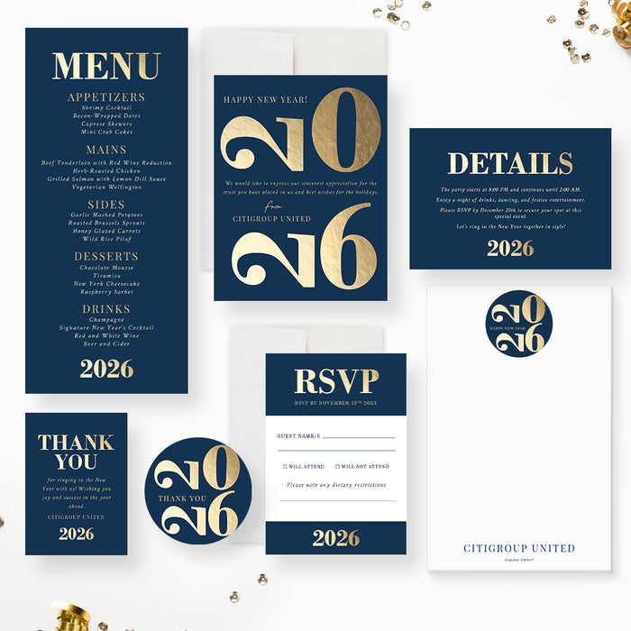 elegant 2026 blue and gold new year party invitation card set