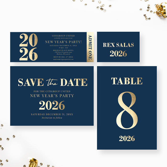 elegant 2026 blue and gold new year party invitation card set