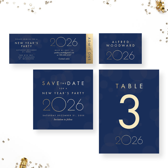 2026 company New Year party invitation set featuring elegant gold text on navy background