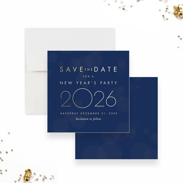 elegant 2026 new year save the date card blue gold