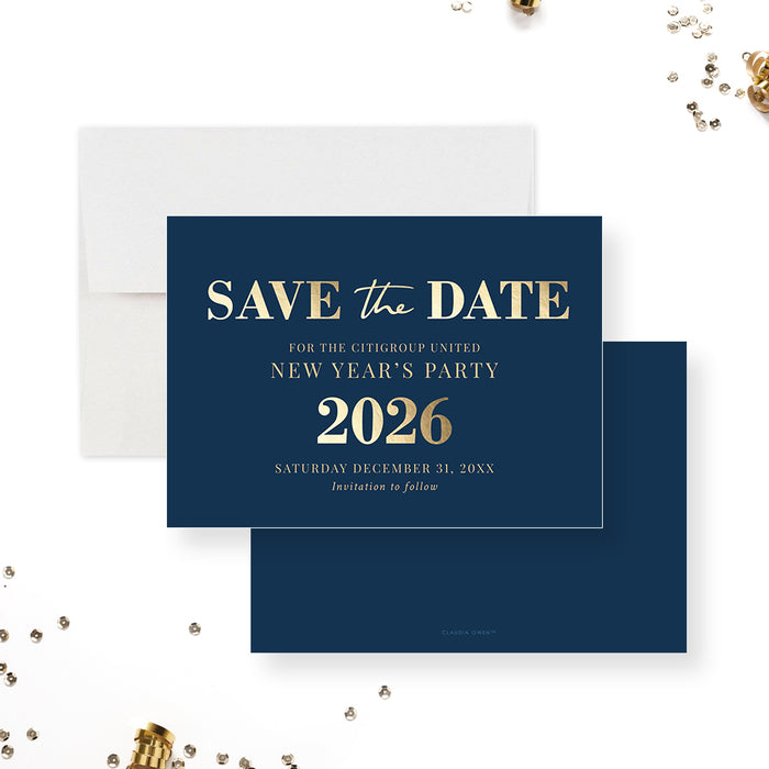 elegant 2026 blue and gold new year party save the date card