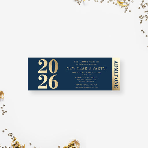 elegant 2026 new year ticket invitation navy gold