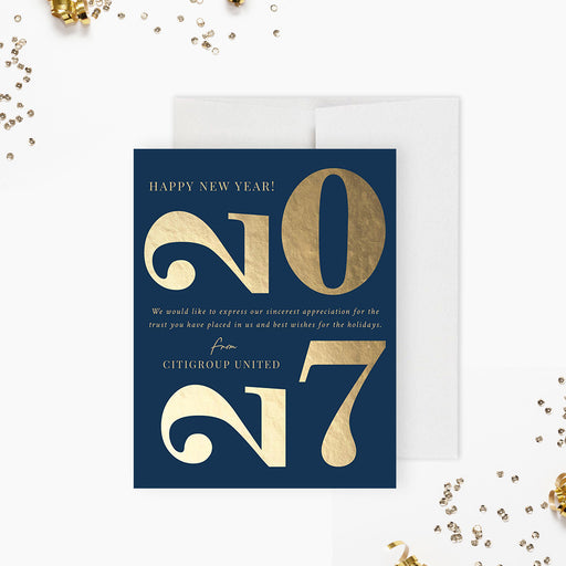 New Year's card with 'Happy New Year 2017' text on a blue background, surrounded by gold confetti.
