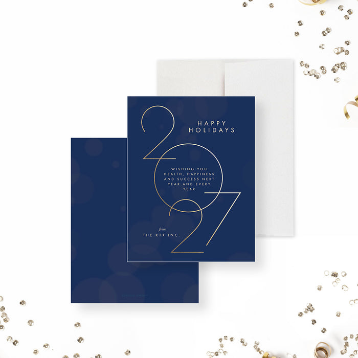 Navy blue 2027 holiday card with gold text on a white background