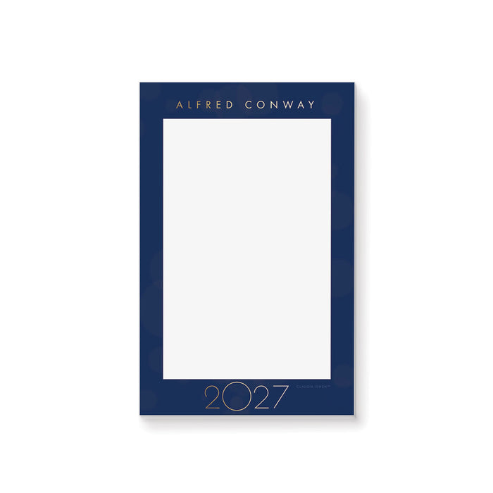 Navy blue frame with name and '2027' text on a white background