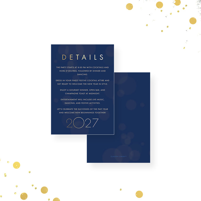 Navy blue event details card with gold confetti on a white background