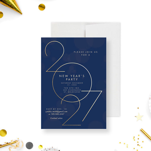 New Year's party invitation card with gold text on a white background